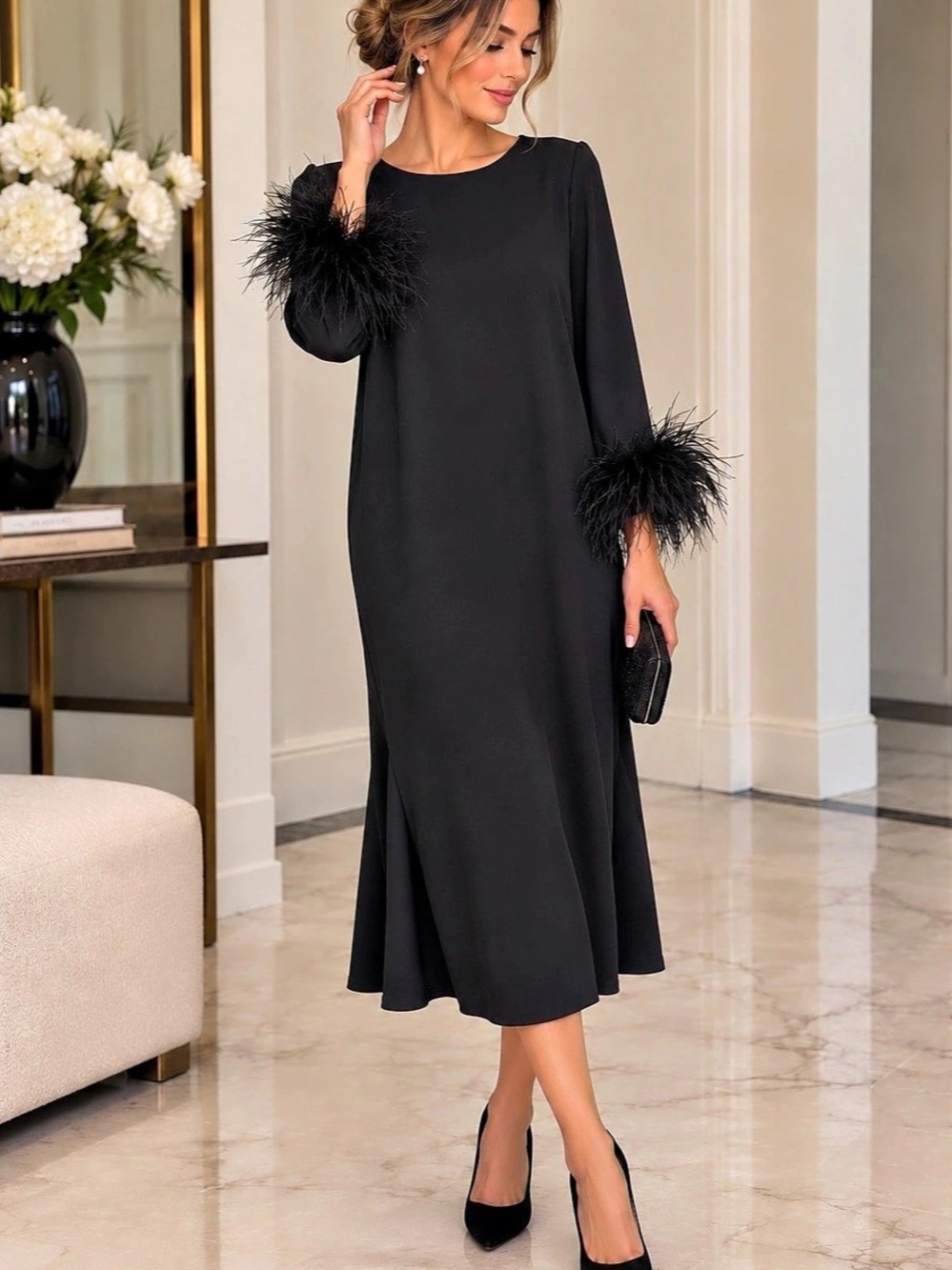 Preston & York Black Feather Cuff Maxi Dress Size 8 NWT Formal Evening Gown